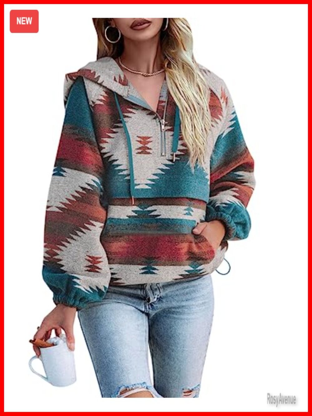 Womens Aztec Zip Up Hoodie Boho Western Sweatshirt Pullover Top